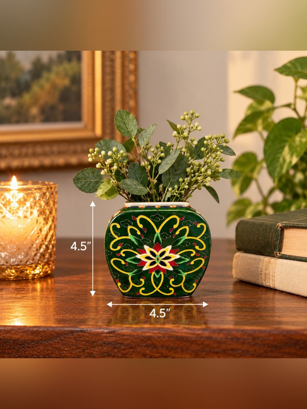 Vintage 1981 Takahashi Kashmir Green Hand Decorated Floral Flat Vase 4.5" Japan